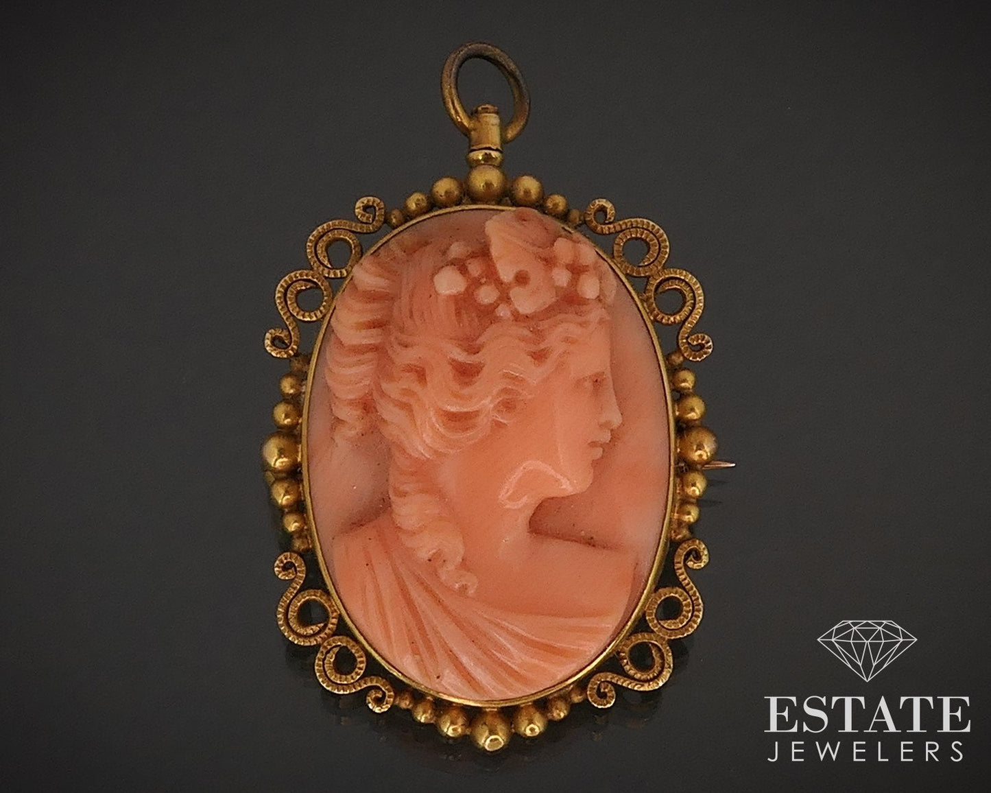 Antique Victorian 14k Yellow Gold Natural Coral Cameo Pin Pendant 6g i17384