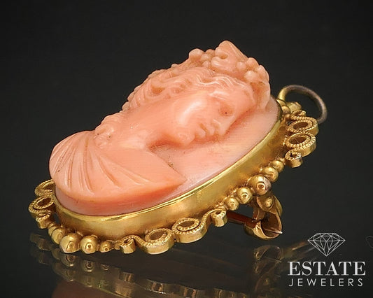 Antique Victorian 14k Yellow Gold Natural Coral Cameo Pin Pendant 6g i17384