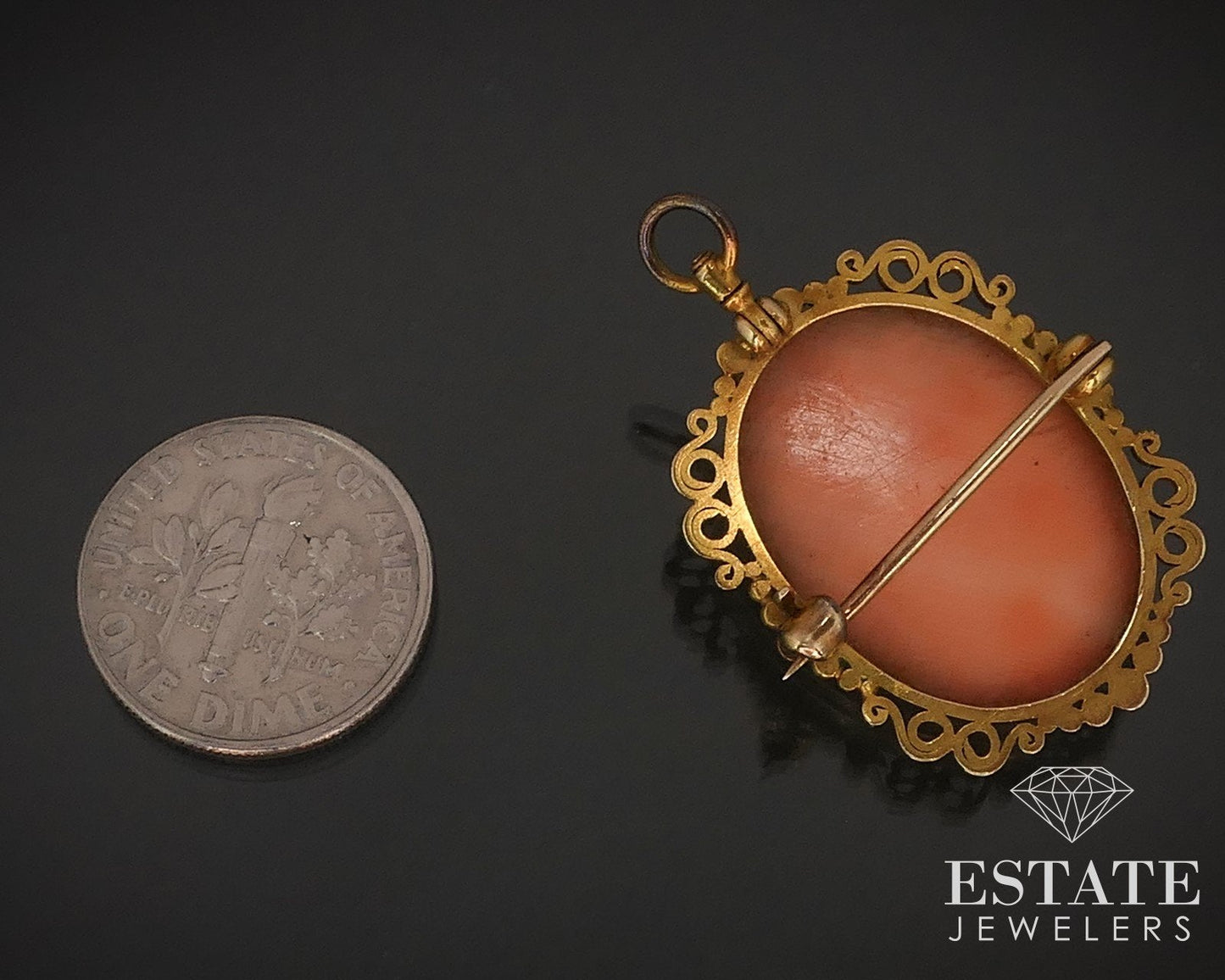 Antique Victorian 14k Yellow Gold Natural Coral Cameo Pin Pendant 6g i17384