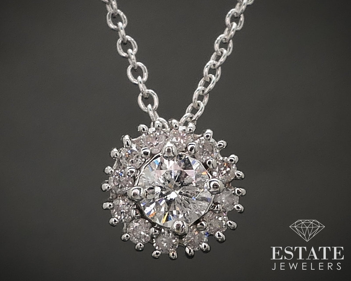 14k White Gold Natural .47ctw Diamond Halo Ladies Necklace 2.5g 18"L i17383