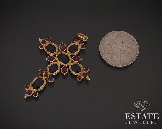 Vintage 18k Yellow Gold Natural Ruby & Blue Sapphire Cross Pendant 1.8g i17387