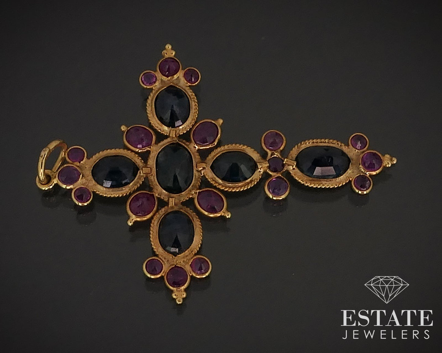 Vintage 18k Yellow Gold Natural Ruby & Blue Sapphire Cross Pendant 1.8g i17387