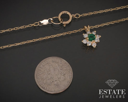 14k Yellow Gold Natural Emerald & Diamond Halo Ladies Necklace 2.3g i17386