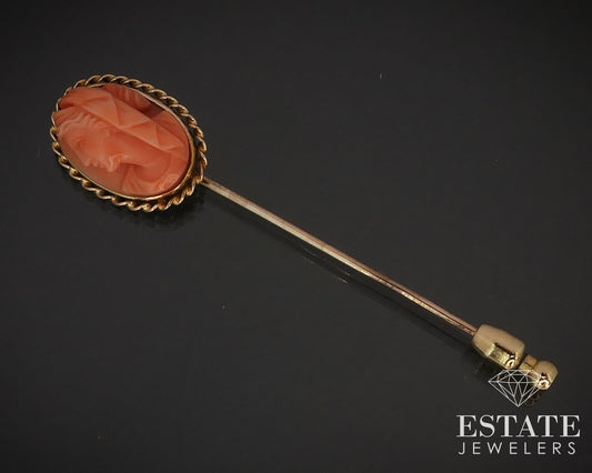 Antique Victorian 14k Yellow Gold Natural Coral Cameo Stick Pin 4.3g i17425