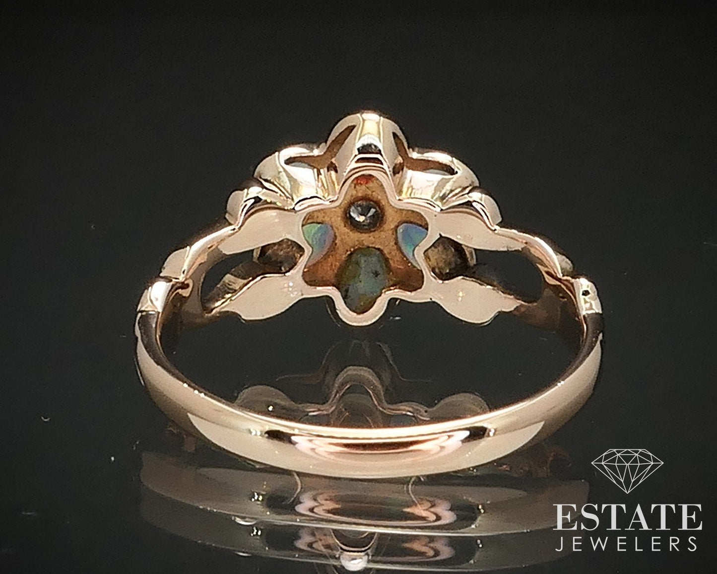 Antique Victorian 14k Rose Gold Natural Opal & Diamond Flower Ring 1.9g i17415