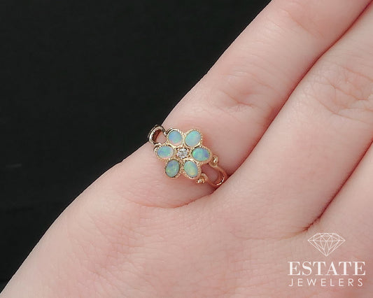 Antique Victorian 14k Rose Gold Natural Opal & Diamond Flower Ring 1.9g i17415