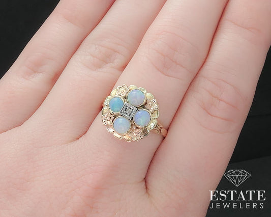 Antique Victorian 10k Yellow Gold Natural Opal & Diamond Shield Ring 3.5g i17412