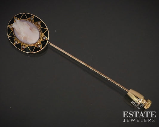 Antique Nouveau 10k Yellow Gold Cameo Seed Pearl Enameled Stick Pin 2.7g i17419