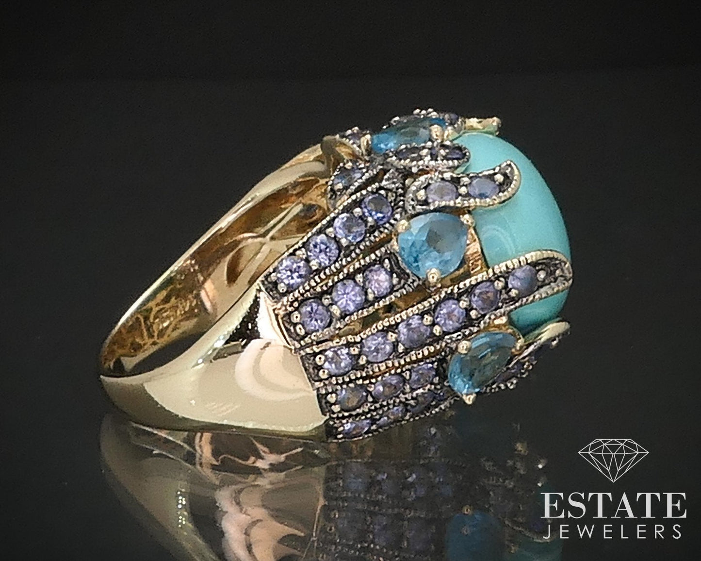 14k Honey Gold LeVian Natural Turquoise Blue Topaz Tanzanite Ring 13.3g i17437