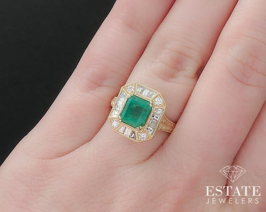 14k Yellow Gold Natural 1.51ct Emerald & Diamond Halo Ring 4.6g i17443