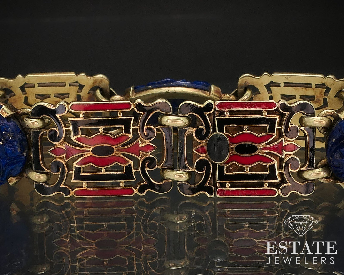 Antique Deco 14k Yellow Gold Carter Gough Co. Carved Lapis Bracelet 28.3g i16112