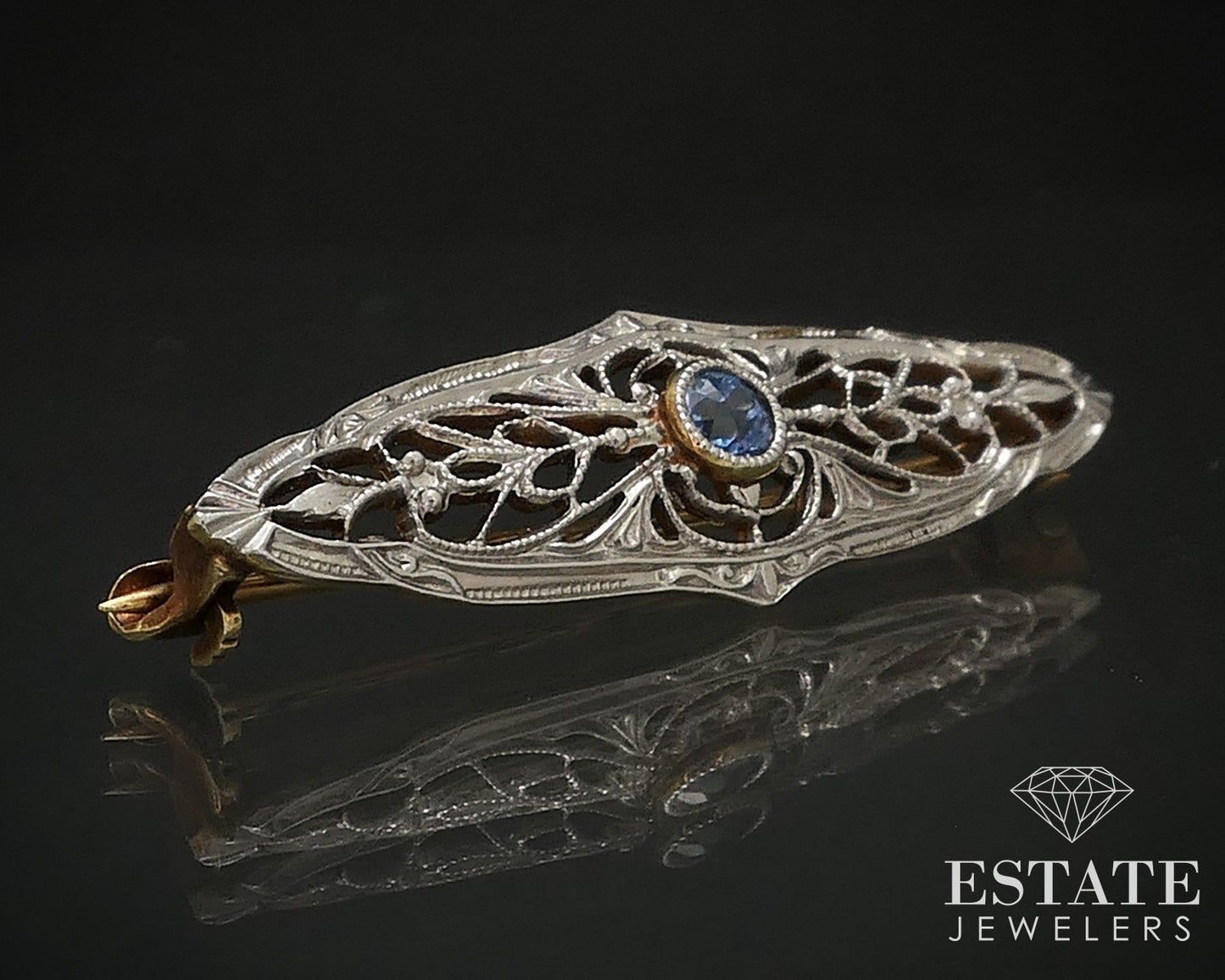 Antique Victorian 14K Yellow Gold Sapphire Filigree Bar Pin Brooch 1.3g i17489