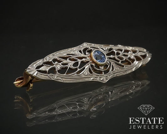 Antique Victorian 14K Yellow Gold Sapphire Filigree Bar Pin Brooch 1.3g i17489