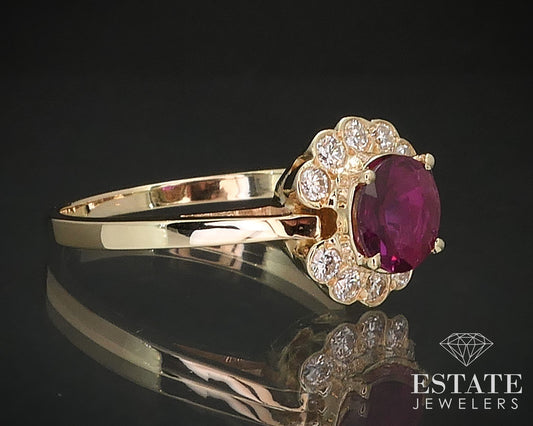 14k Yellow Gold Round Natural Ruby & Diamond Halo Ladies Ring 5g i17490