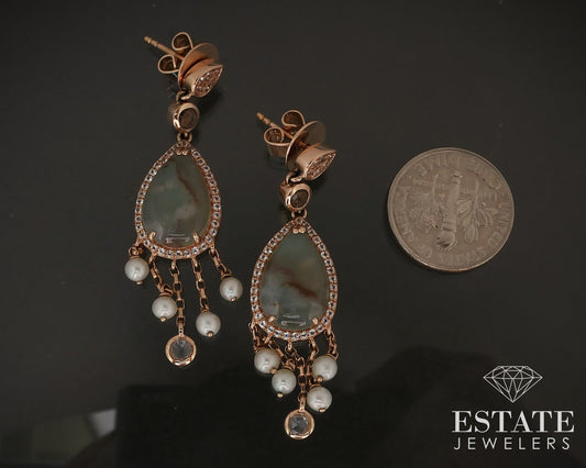 14k Strawberry Gold LeVian Aquaprase Topaz Pearl Quartz Earrings 8.6g i17475