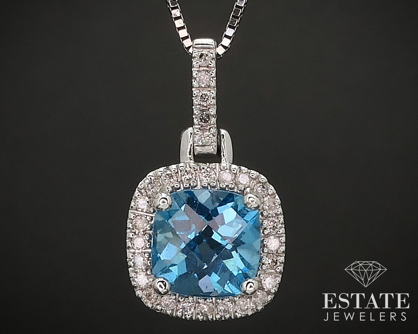 14k White Gold Natural Blue Topaz & Diamond Halo Ladies Necklace 3.4g i17483