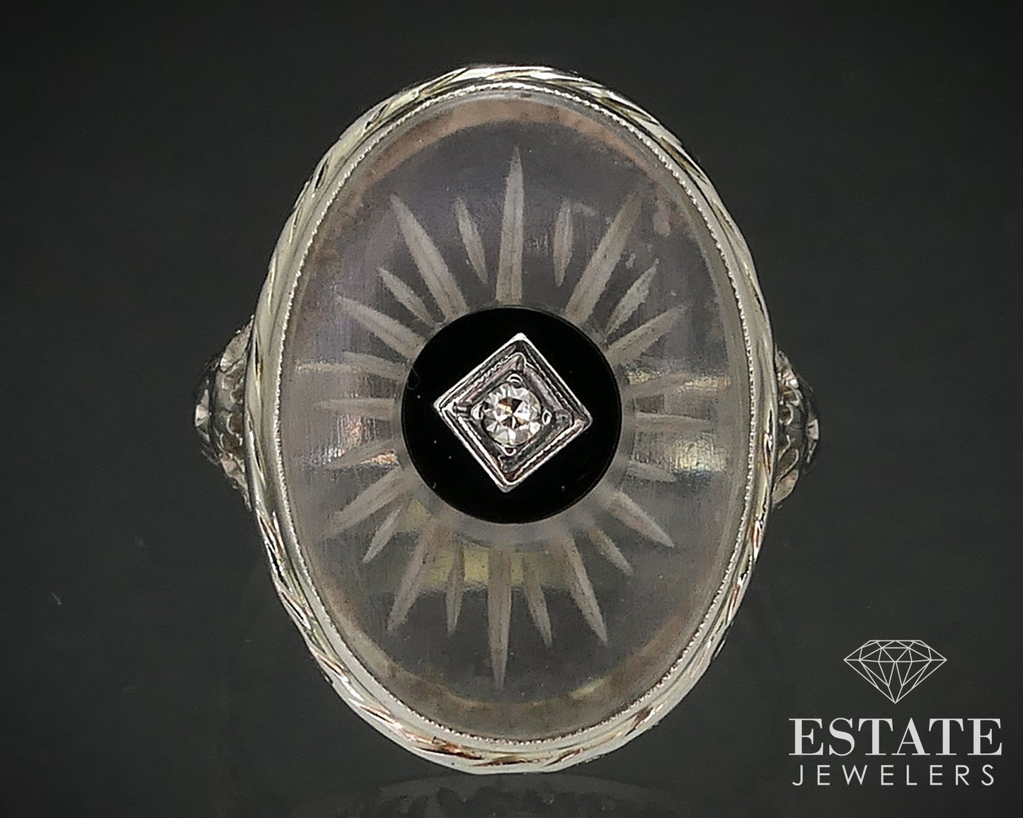 Antique Deco 14k Gold Rock Crystal Quartz Onyx Diamond Filigree Ring 3.3g i17499