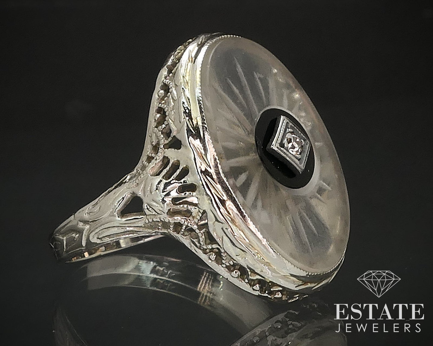 Antique Deco 14k Gold Rock Crystal Quartz Onyx Diamond Filigree Ring 3.3g i17499