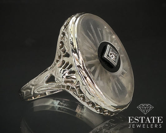 Antique Deco 14k Gold Rock Crystal Quartz Onyx Diamond Filigree Ring 3.3g i17499
