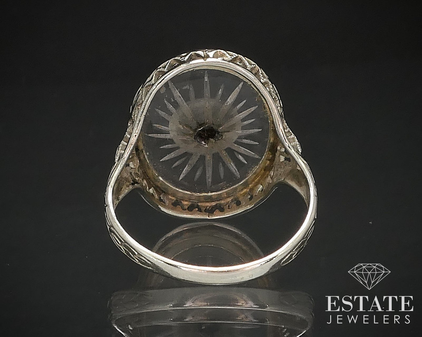 Antique Deco 14k Gold Rock Crystal Quartz Onyx Diamond Filigree Ring 3.3g i17499