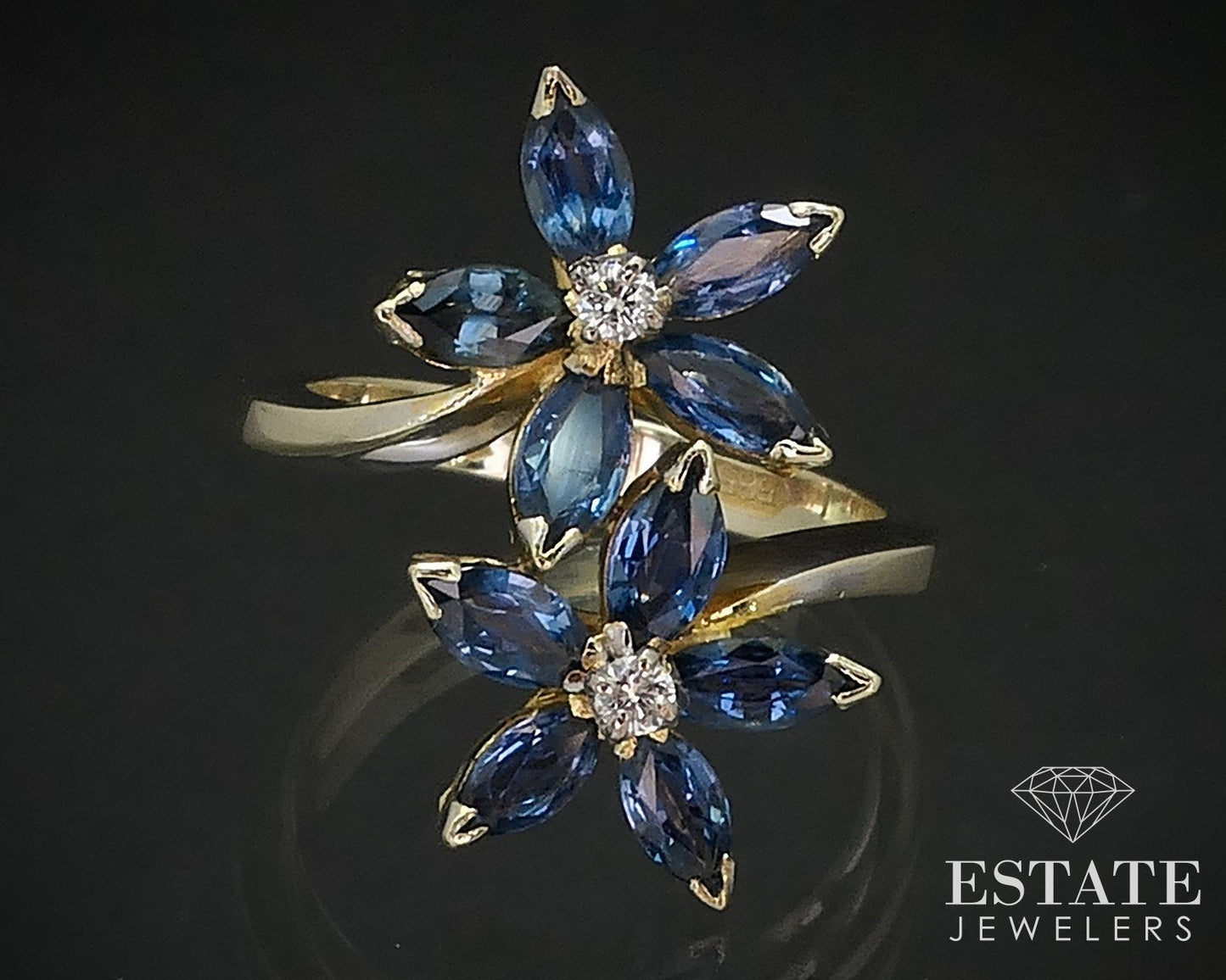 Antique 14k Yellow Gold Natural Blue Sapphire & Diamond Flower Ring 4.9g i17521b