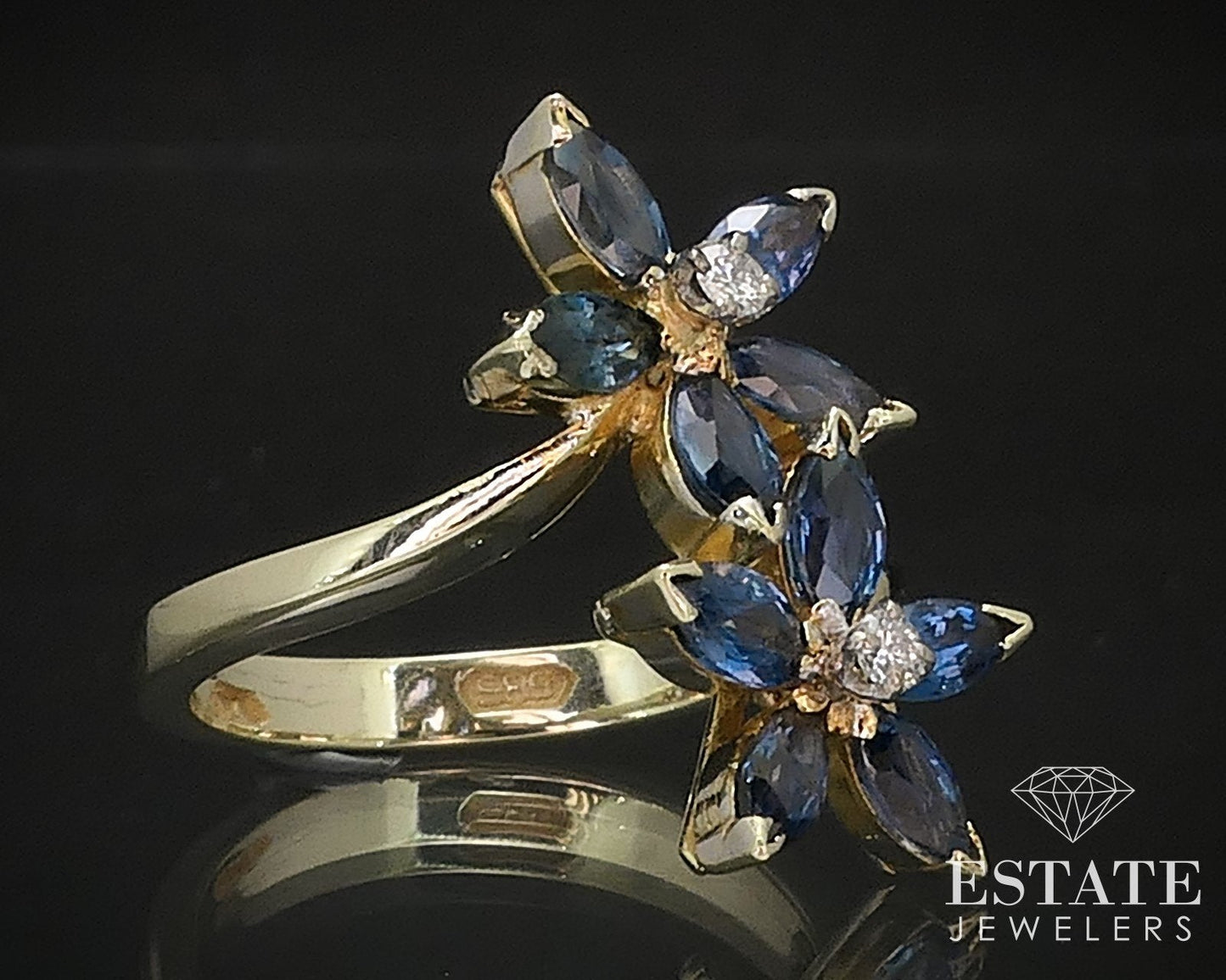 Antique 14k Yellow Gold Natural Blue Sapphire & Diamond Flower Ring 4.9g i17521b