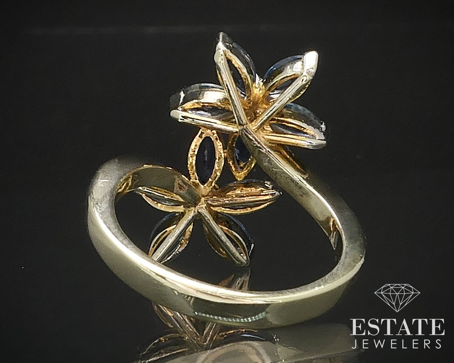 Antique 14k Yellow Gold Natural Blue Sapphire & Diamond Flower Ring 4.9g i17521b