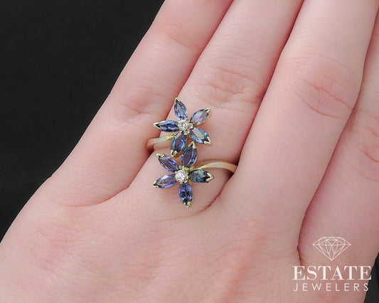 Antique 14k Yellow Gold Natural Blue Sapphire & Diamond Flower Ring 4.9g i17521b