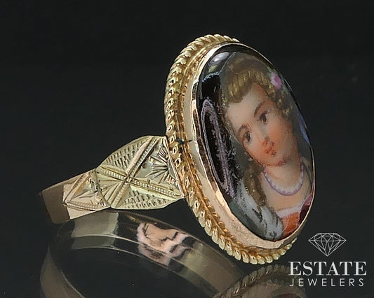 Antique Victorian 14k Yellow Gold Painted Portrait Ladies Ring 3.4g i17548