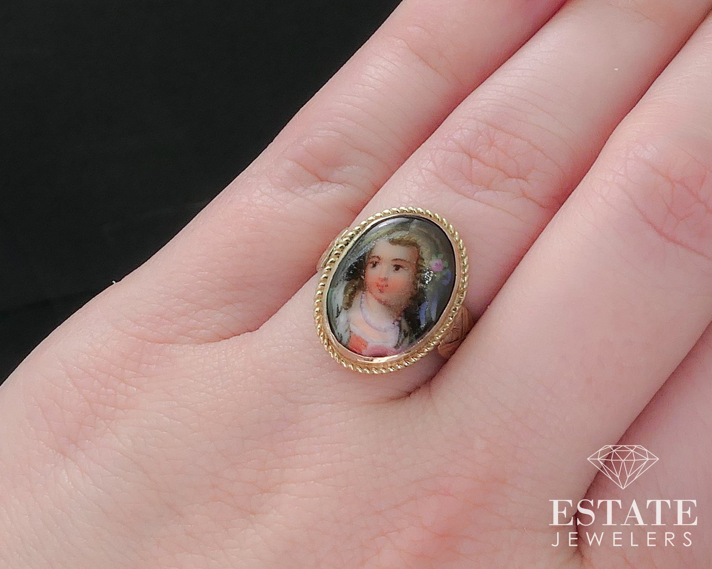 Antique Victorian 14k Yellow Gold Painted Portrait Ladies Ring 3.4g i17548