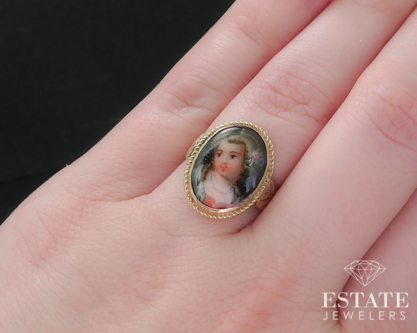 Antique Victorian 14k Yellow Gold Painted Portrait Ladies Ring 3.4g i17548