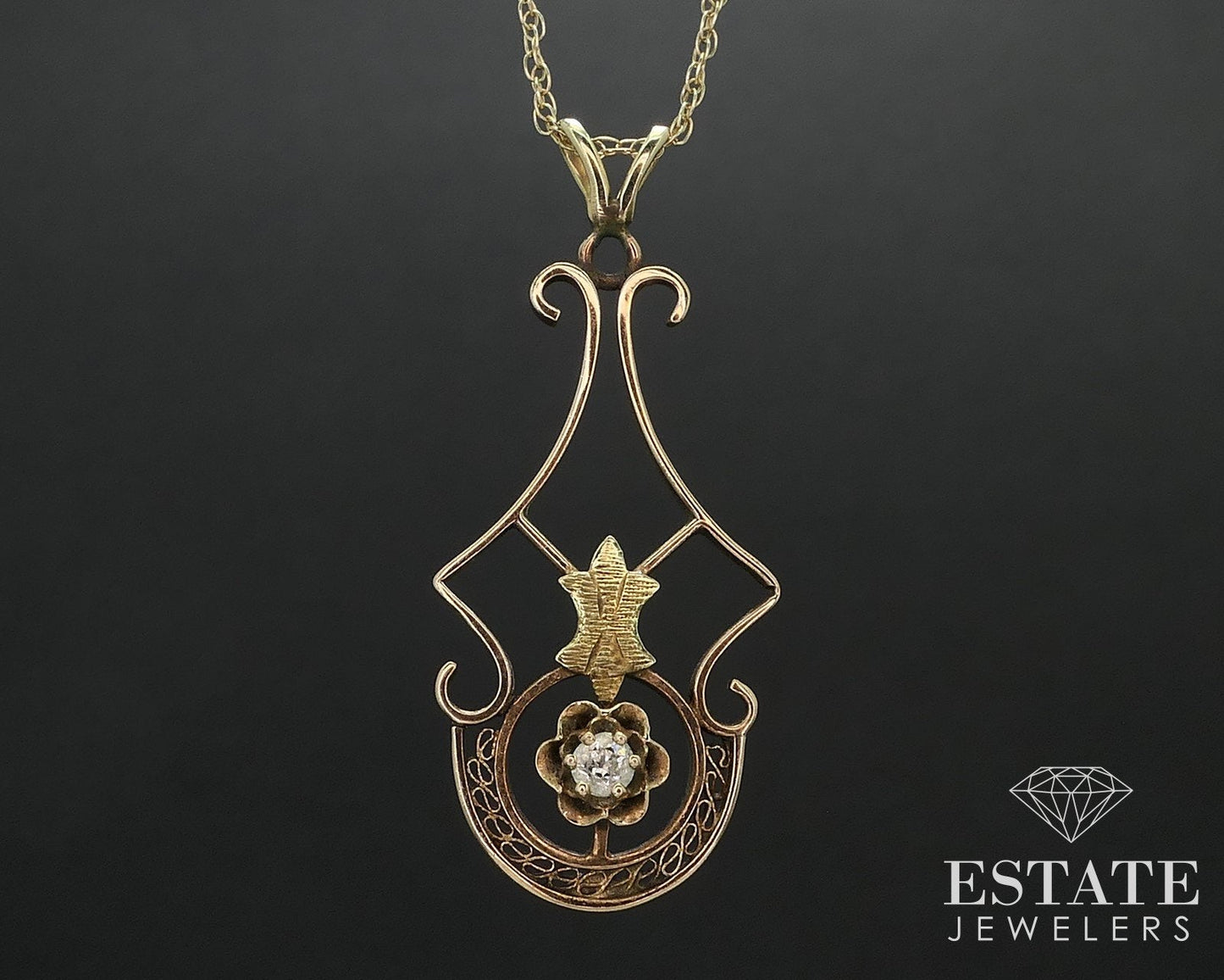 Antique 14k Yellow & Green Gold Natural Diamond Filigree Necklace 1.8g i17543