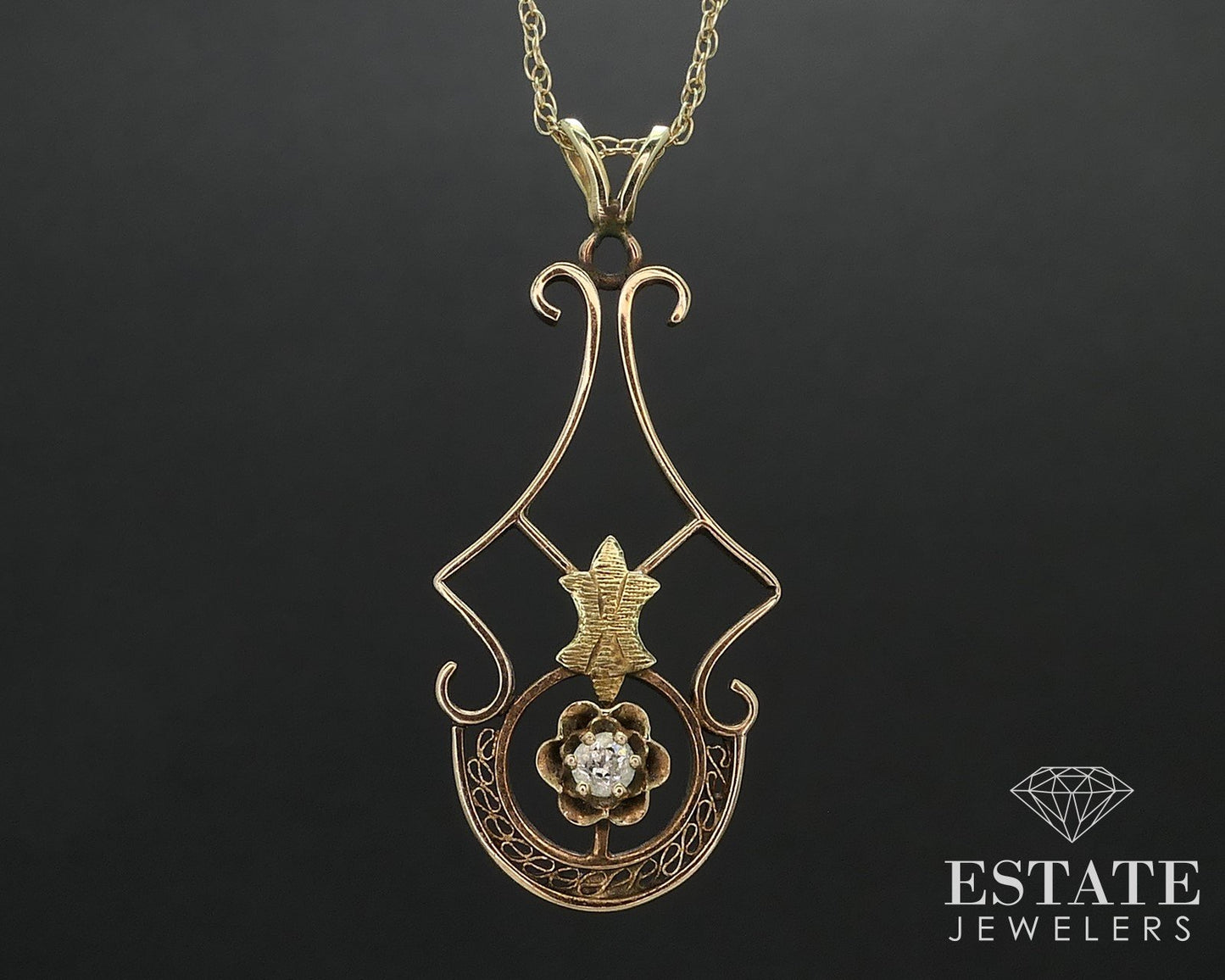 Antique 14k Yellow & Green Gold Natural Diamond Filigree Necklace 1.8g i17543