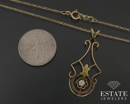 Antique 14k Yellow & Green Gold Natural Diamond Filigree Necklace 1.8g i17543