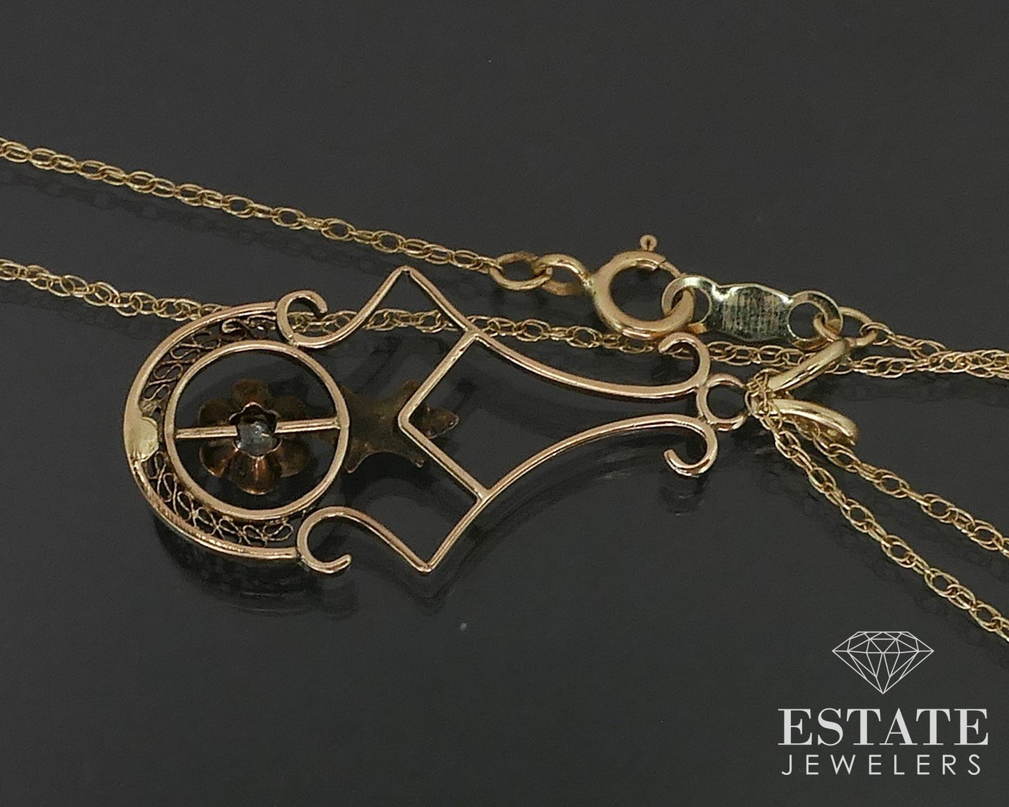 Antique 14k Yellow & Green Gold Natural Diamond Filigree Necklace 1.8g i17543