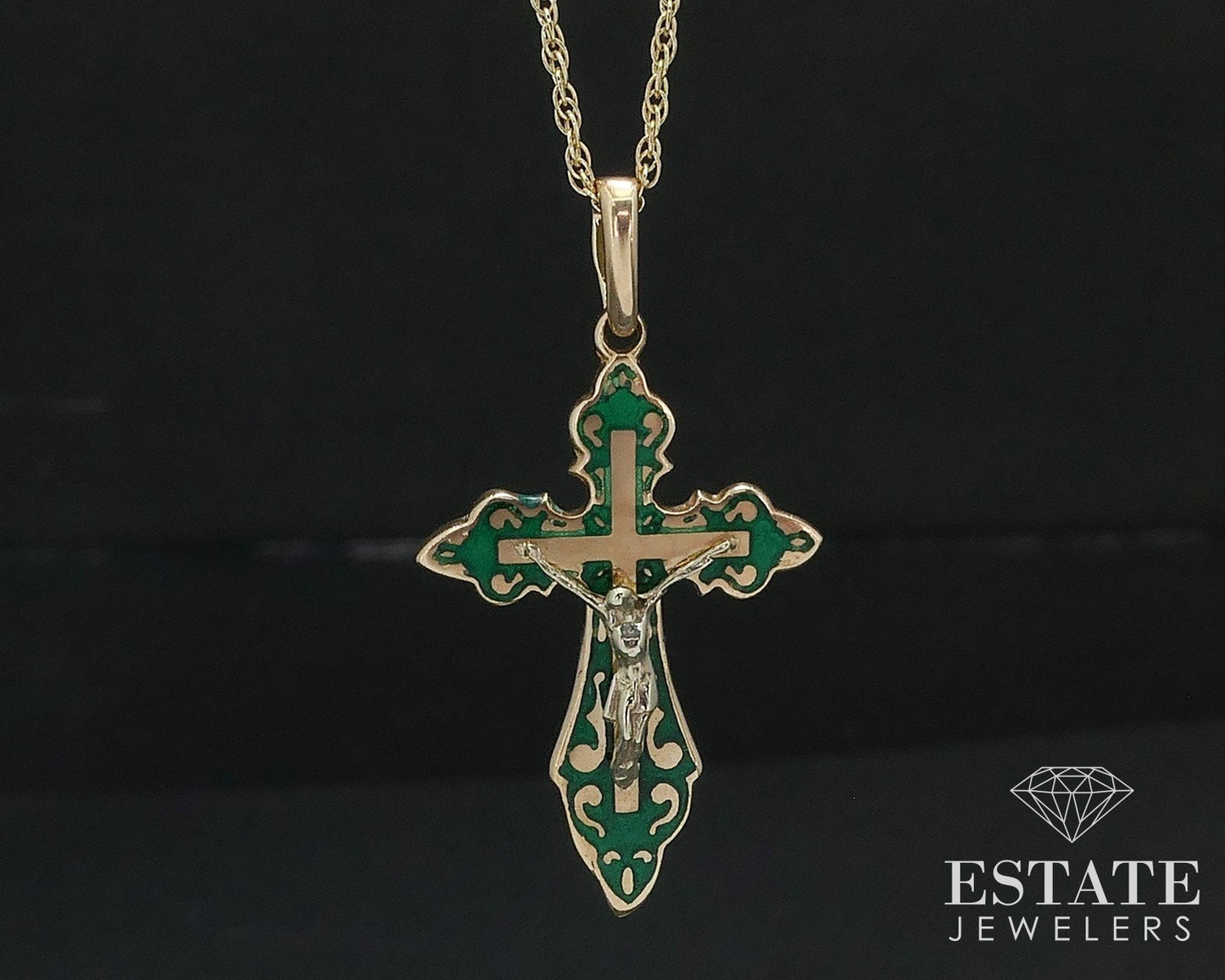 Antique 14k Yellow Gold Enameled Crucifix Charm Ladies Necklace 2.3g i17559