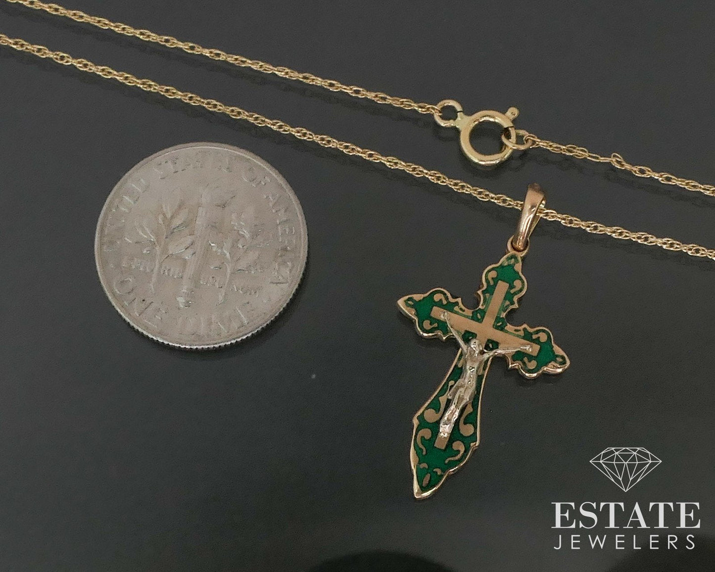 Antique 14k Yellow Gold Enameled Crucifix Charm Ladies Necklace 2.3g i17559