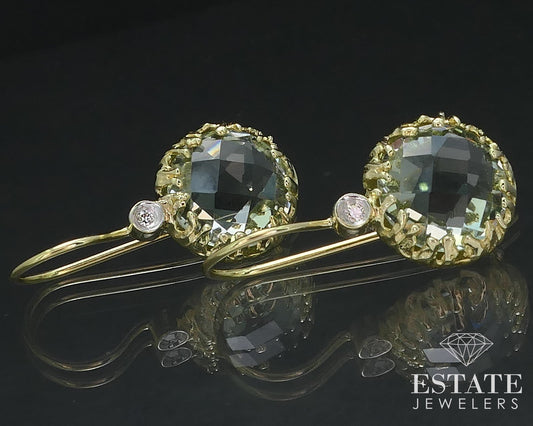14k Yellow Gold Natural Prasiolite & Diamond I. Reiss Earrings 3.6g i17540