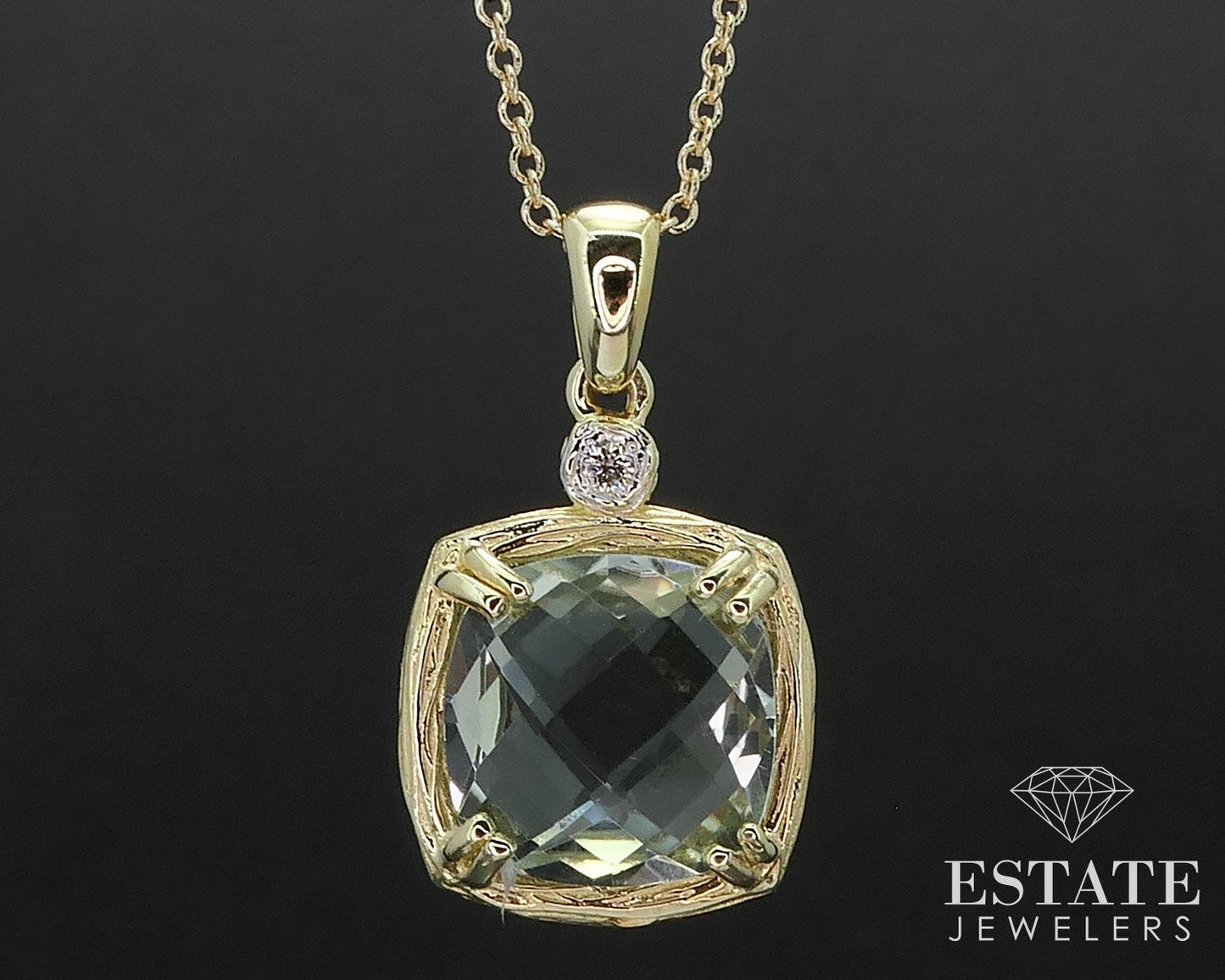 14k Yellow Gold Natural Prasiolite & Diamond I. Reiss Necklace 3.6g 16"L i17542