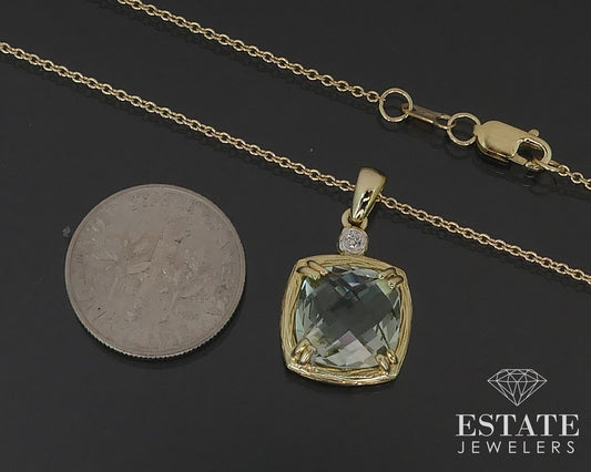 14k Yellow Gold Natural Prasiolite & Diamond I. Reiss Necklace 3.6g 16"L i17542