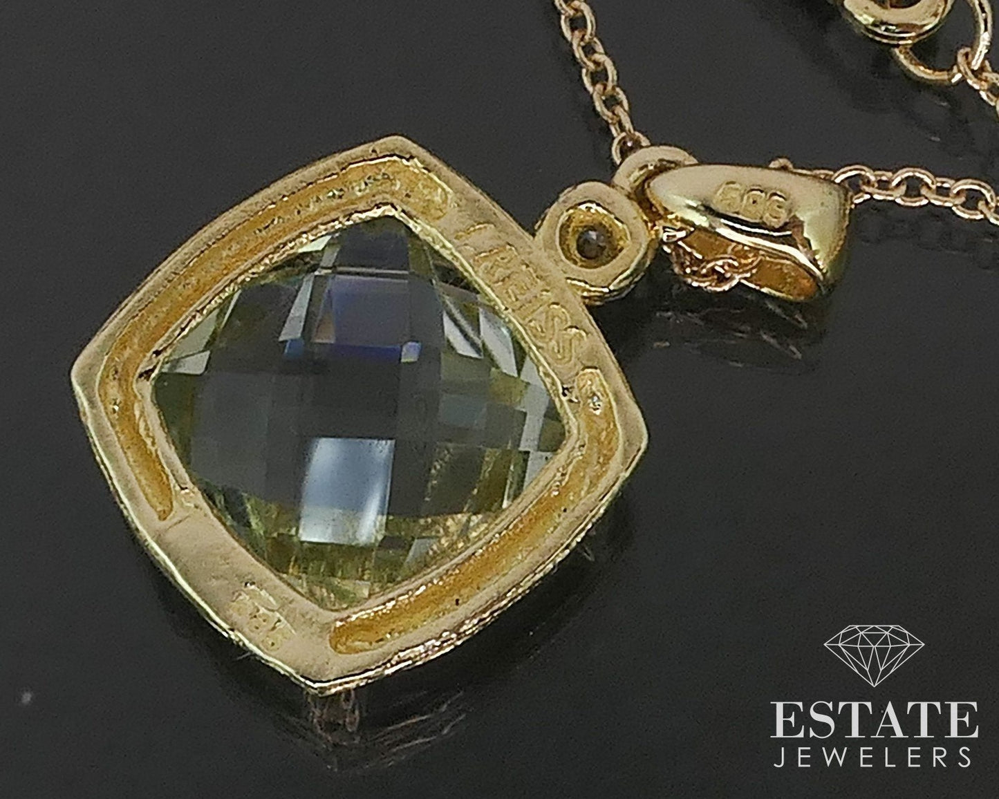 14k Yellow Gold Natural Prasiolite & Diamond I. Reiss Necklace 3.6g 16"L i17542