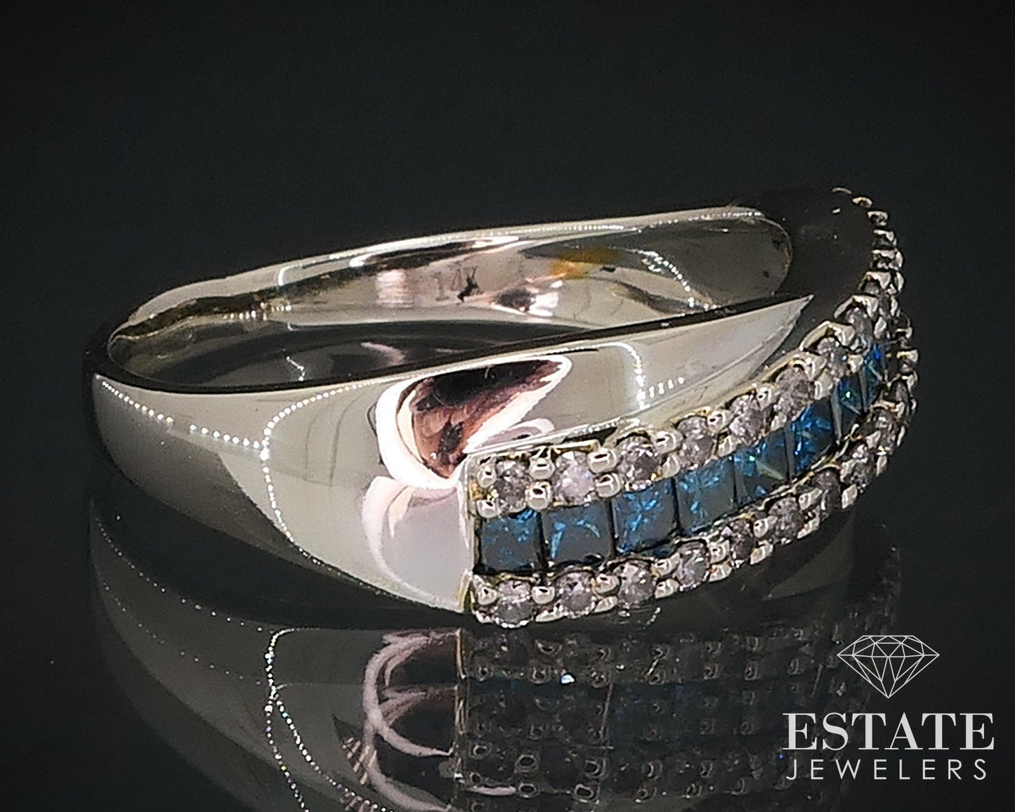 14k White Gold Natural .56ctw Blue & White Diamond Ladies Band Ring 4.1g i17604b
