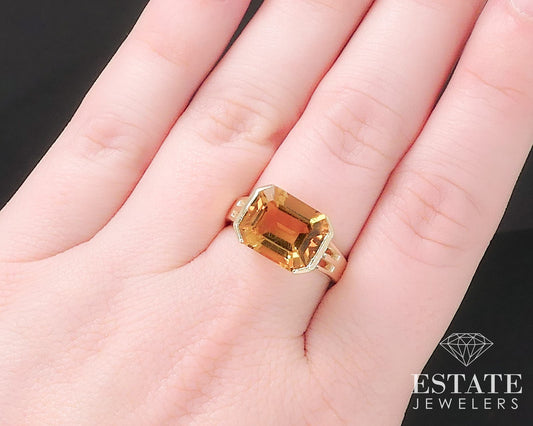 14k Yellow Gold Emerald Cut Natural 5.9ct Citrine Solitaire Ring 6g i17622