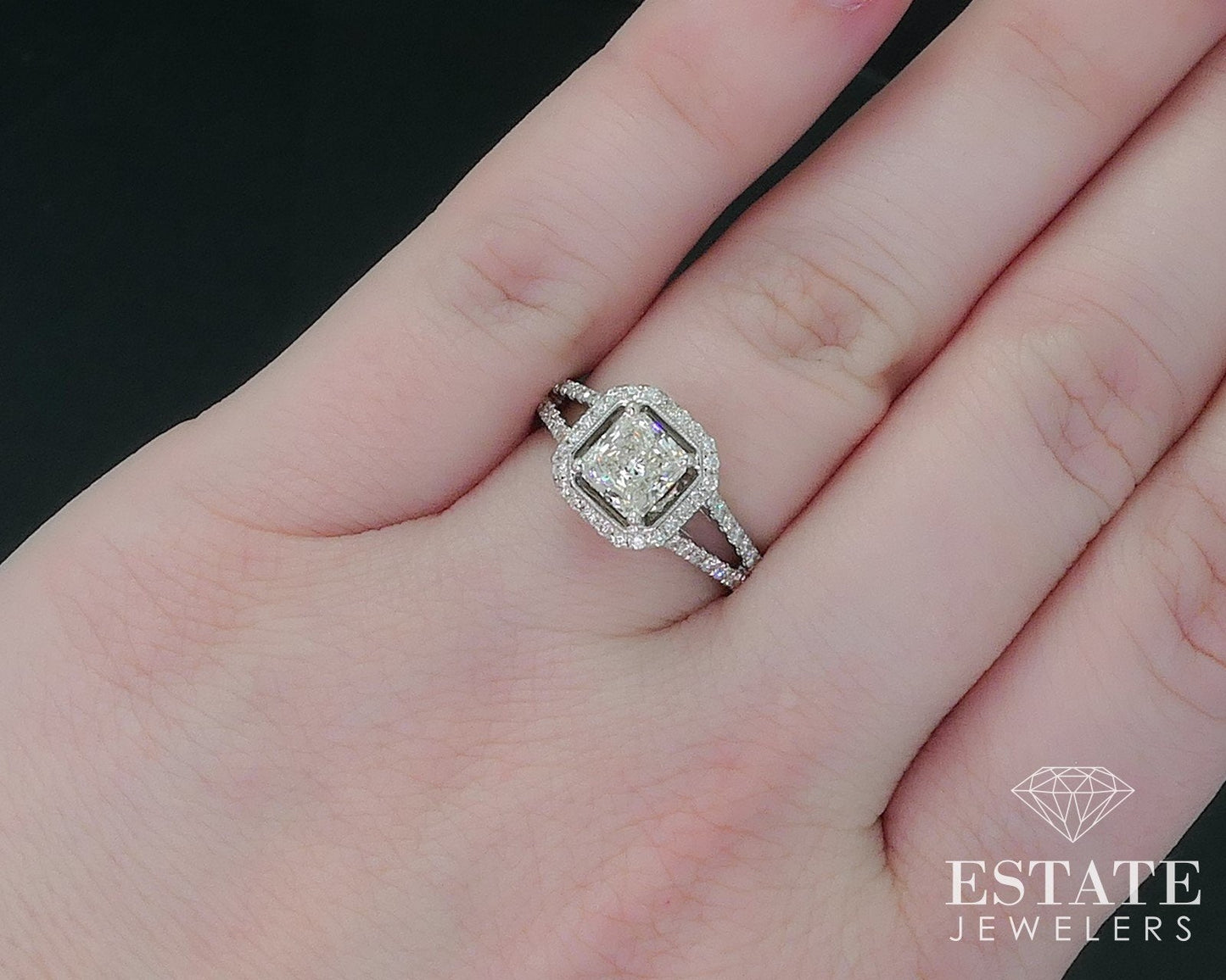 18k White Gold Princess Natural 1.50ctw Diamond Halo Engagement Ring 4.8g i17632