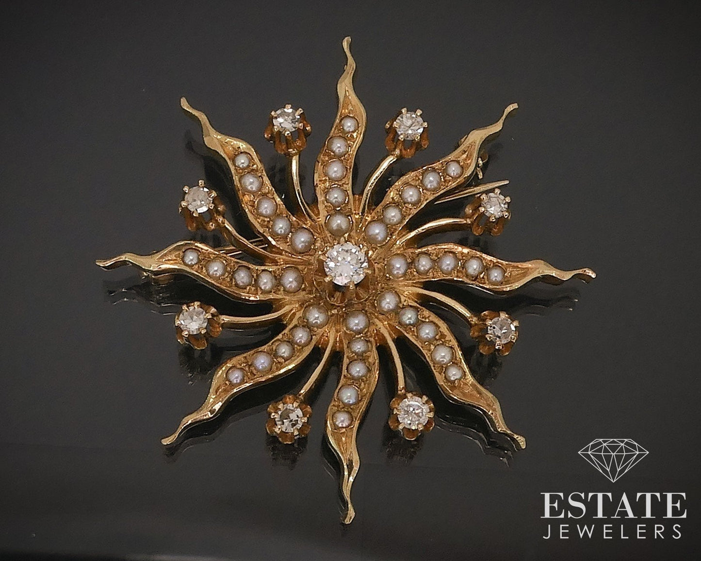 Antique 14k Yellow Gold Diamond Seed Pearl Starburst Pin Pendant 11.2g i17625
