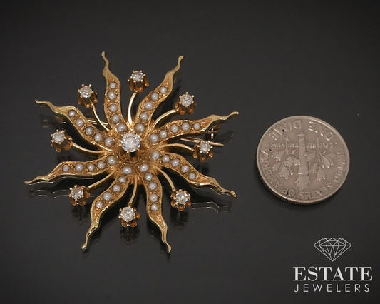 Antique 14k Yellow Gold Diamond Seed Pearl Starburst Pin Pendant 11.2g i17625