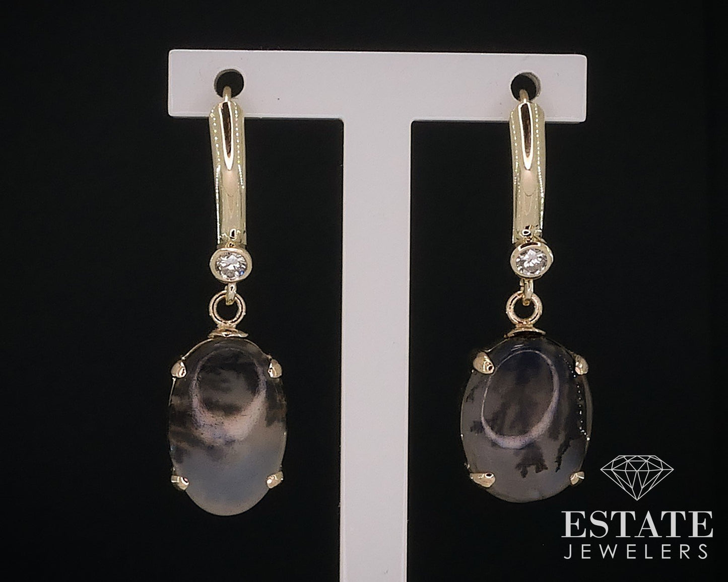 14k Yellow Gold Natural Moss Agate & Diamond Dangle Earrings 3.8g i17631