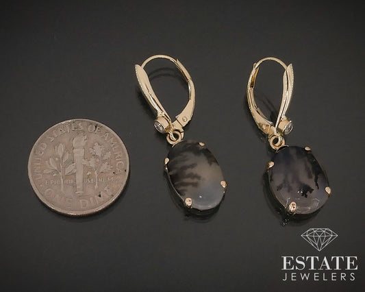 14k Yellow Gold Natural Moss Agate & Diamond Dangle Earrings 3.8g i17631