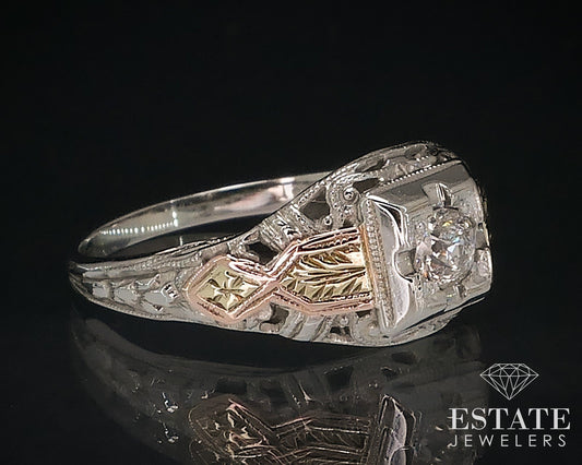 Antique 18k Tri Colored Gold European .12ct Diamond Filigree Ring 2.5g i17619