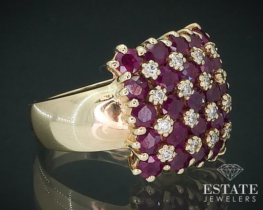 14k Yellow Gold EFFY Natural Ruby & Diamond Ladies Cluster Ring 9.8g i17618